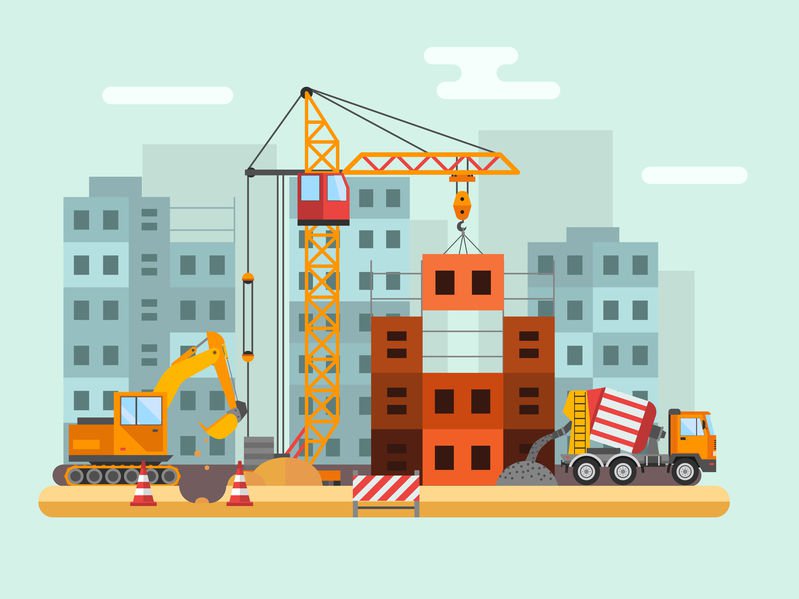 Building under construction, workers and construction technical vector illustration